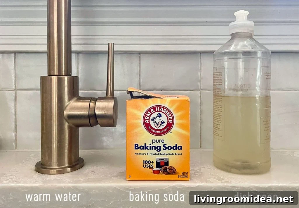3 Supplies for cleaning a stainless steel sink warm water baking soda dish soap
