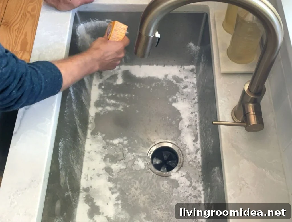 Hand sprinkling baking soda around stainless steel sink to be cleaned