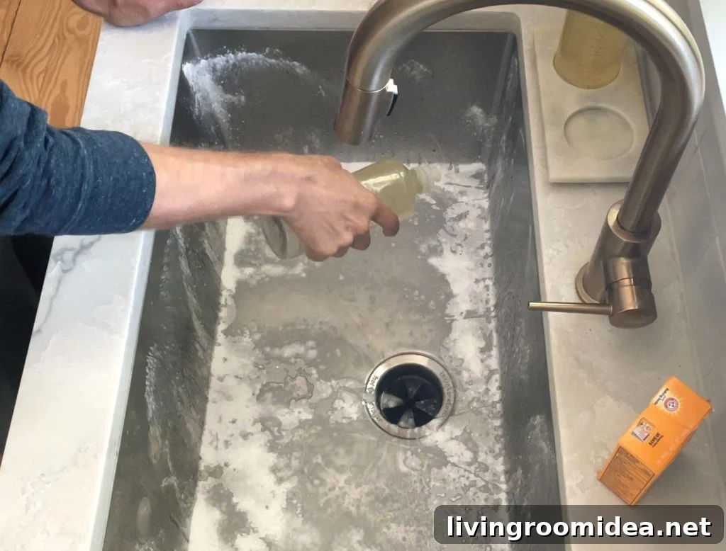 Hand squeezing dish soap into stainless steel sink covered with baking soda