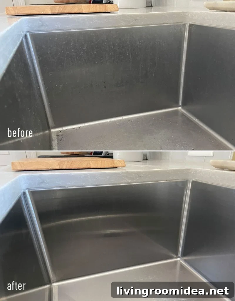 Before and after of dirty and cleaned stainless steel sink