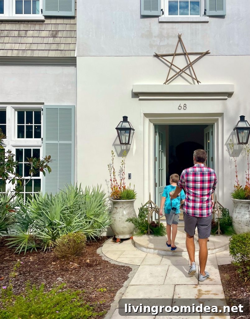 John and Son Walking Into Fancy Open House