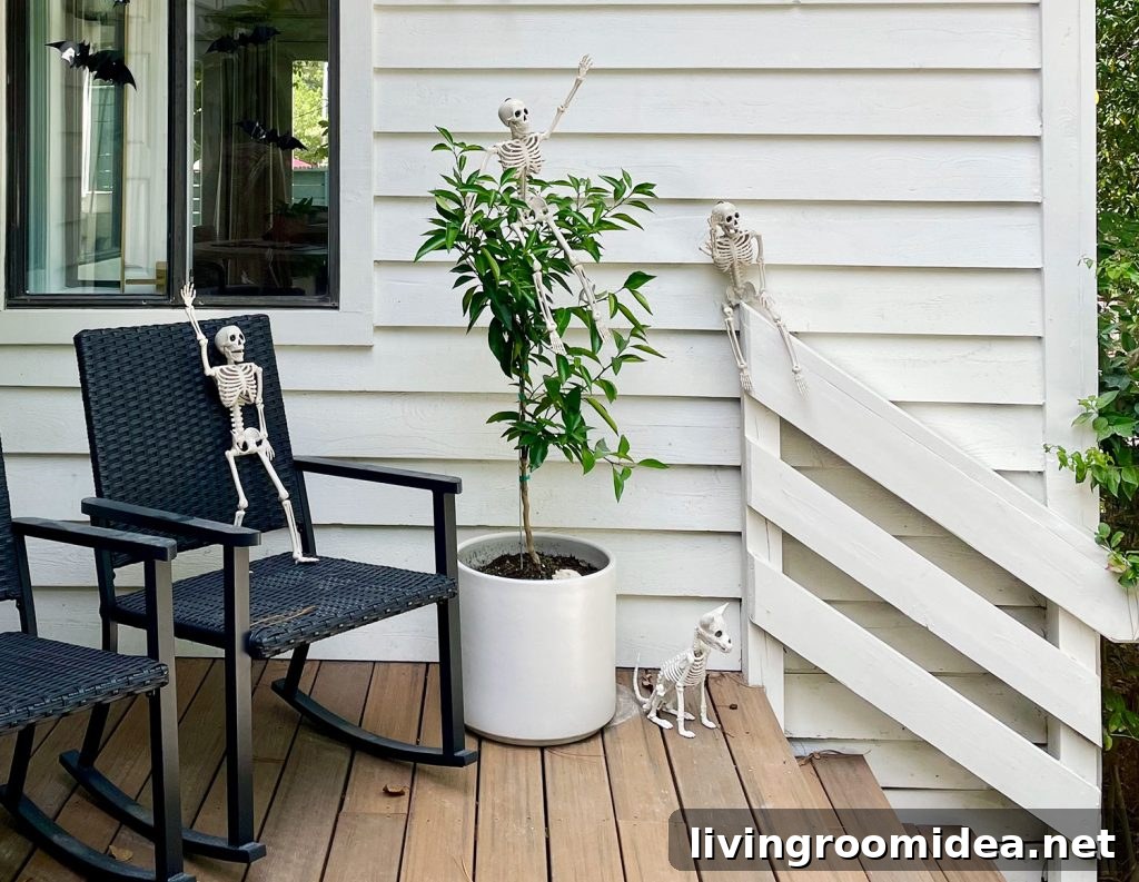Skeletons On Front Porch Posed In Different Positions