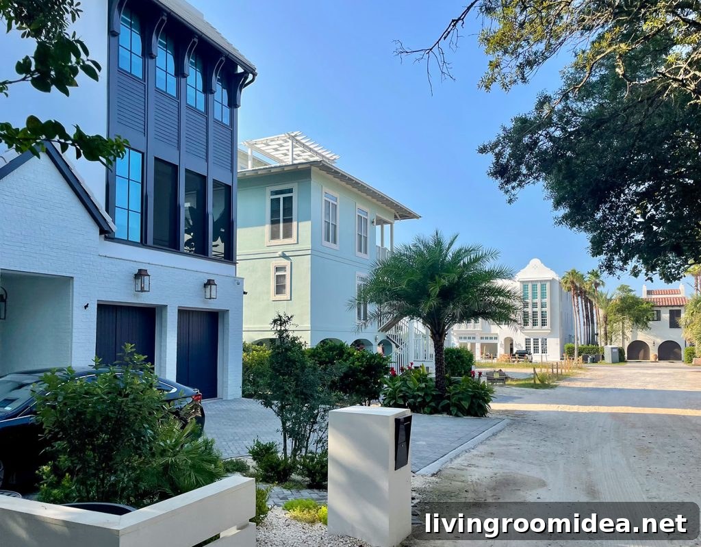 Multistory homes on street with palm trees