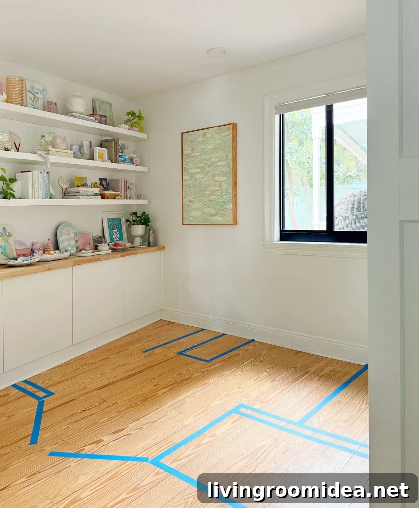 Renovating Our Home After Five Years Living Here 11 Painters Tape On Floor To Designate Bathroom Renovation Layout