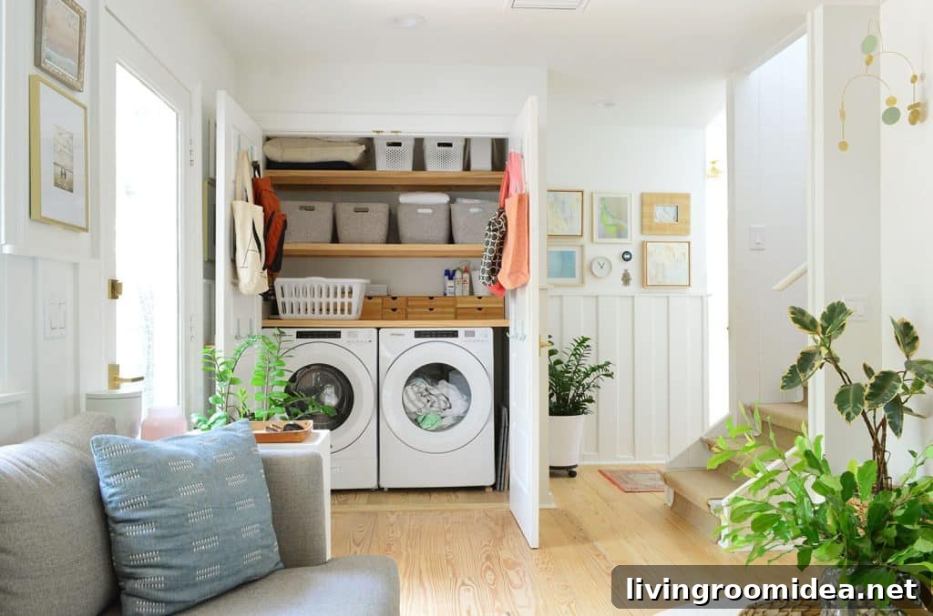 Renovating Our Home After Five Years Living Here 12 View Of Open Laundry Closet Behind Seating Area In Kitchen