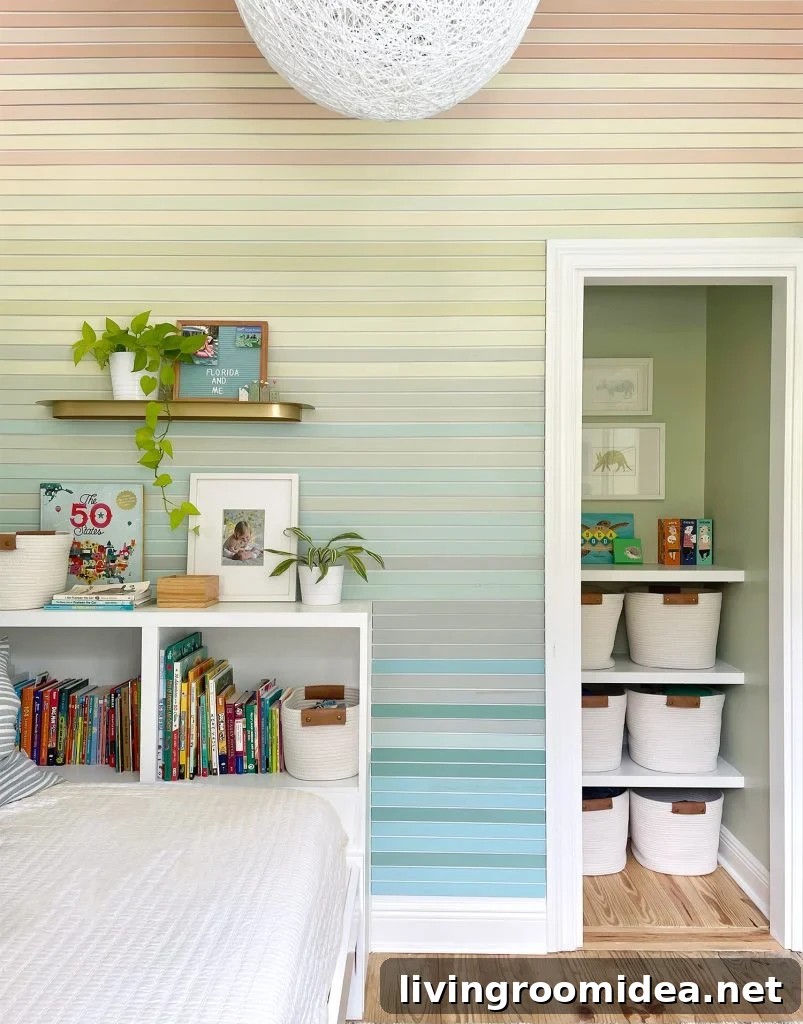 Renovating Our Home After Five Years Living Here 3 Kids Bedroom With Paneled Wall Full Of Colorful Slats And Custom Closet Shelves