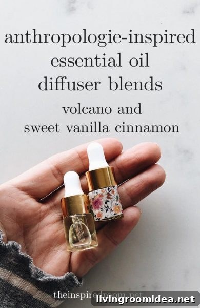 Inspired by Anthropologie! Essential Oil diffuser blend recipes plus FREE delicious smelling essential oil versions of the volcano and sweet vanilla cinnamon candles.