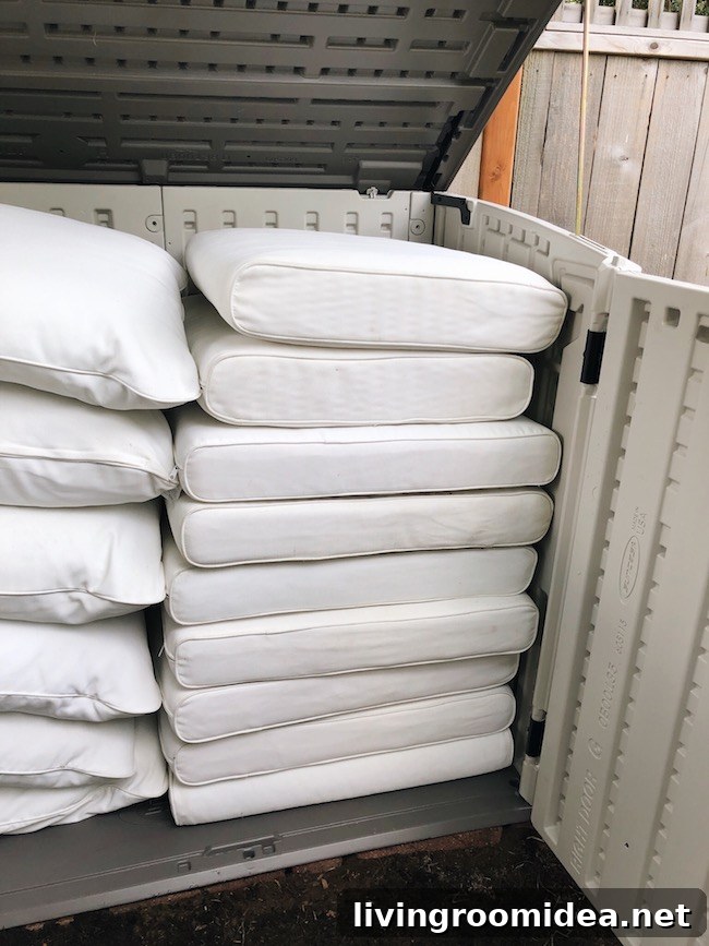 Outdoor cushions in a small shed