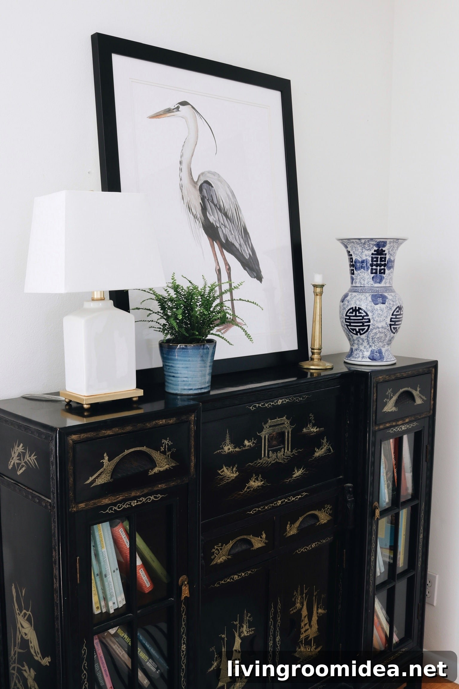 The Inspired Room Blue and White Living Room Decor with Chinoiserie Cabinet