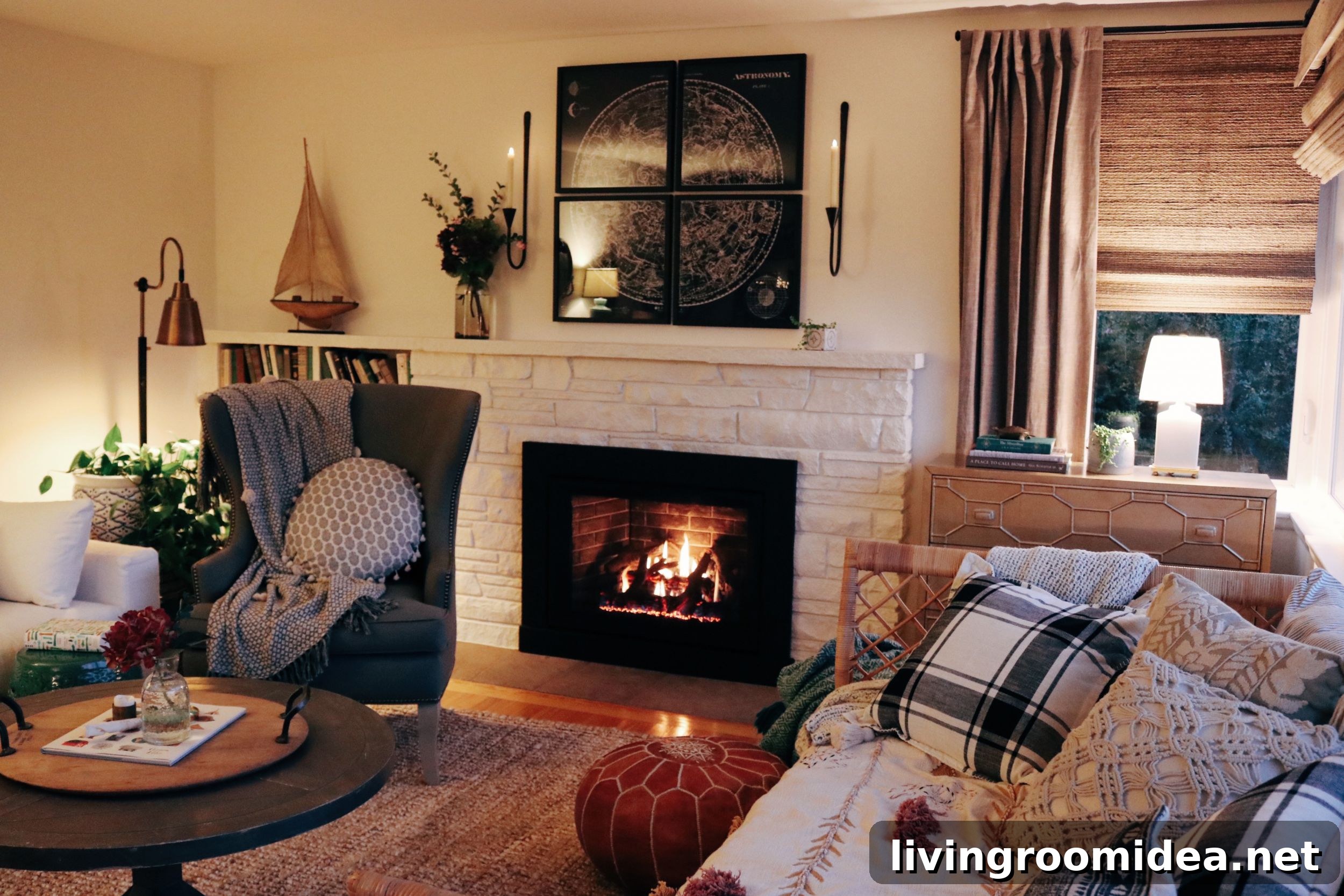 Cozy Winter Room Reveal: Fireplace Insert Installation 11 Coy room at night with gas fireplace