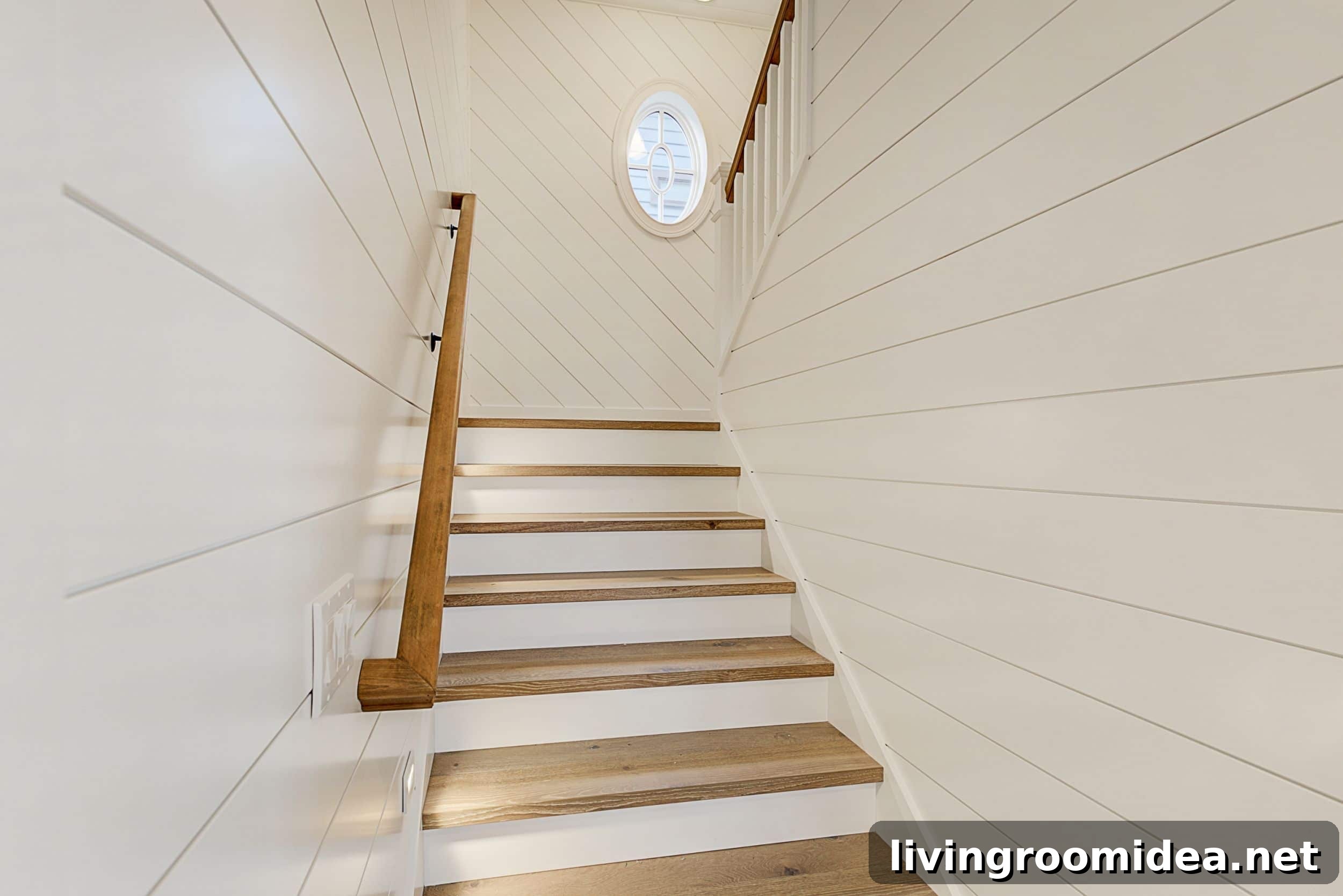 Shiplap staircase and hallway -  beach house tour