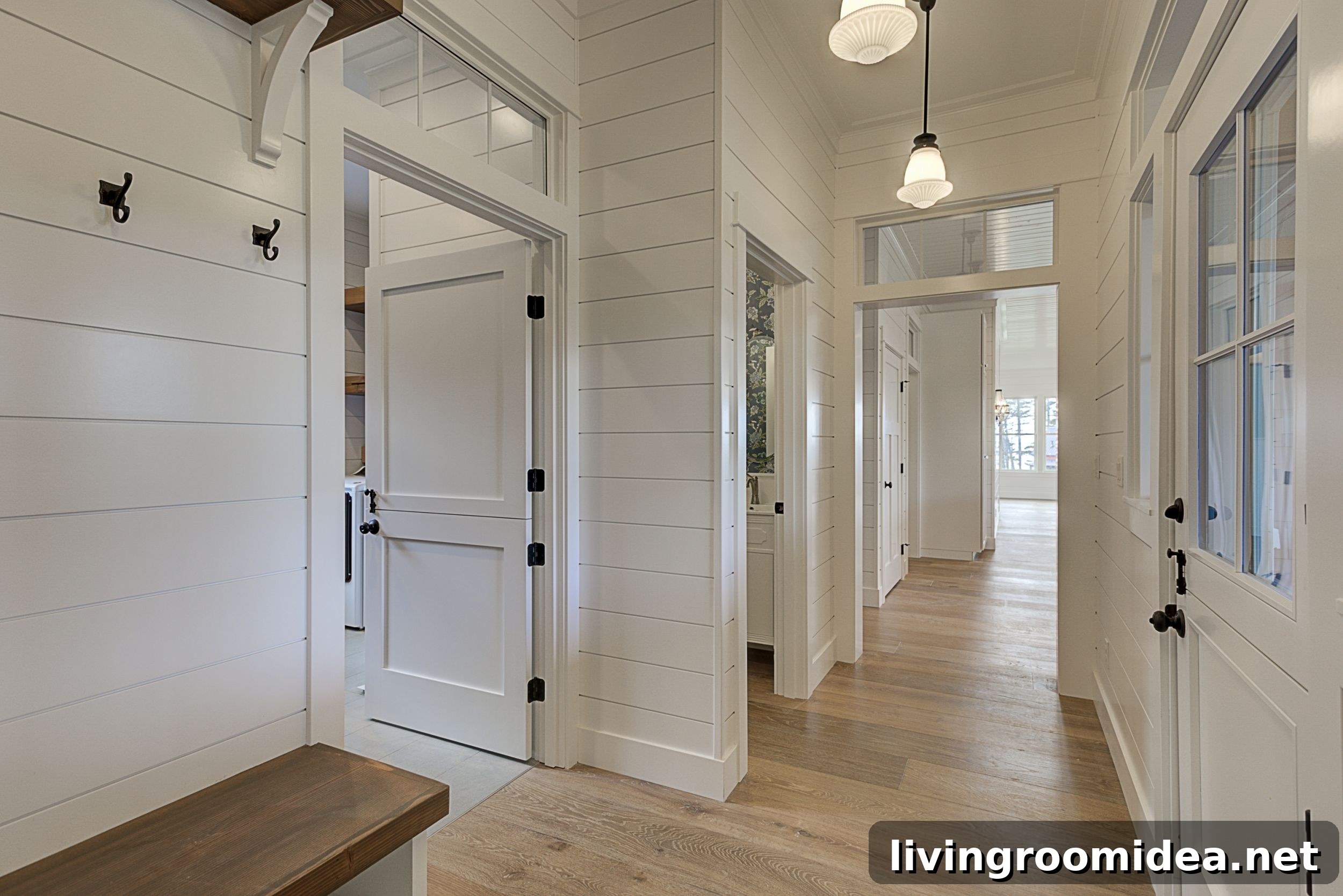 Inside a Dream Beach House in Seabrook: Coastal Home Tour 23 Shiplap hallway door window transoms