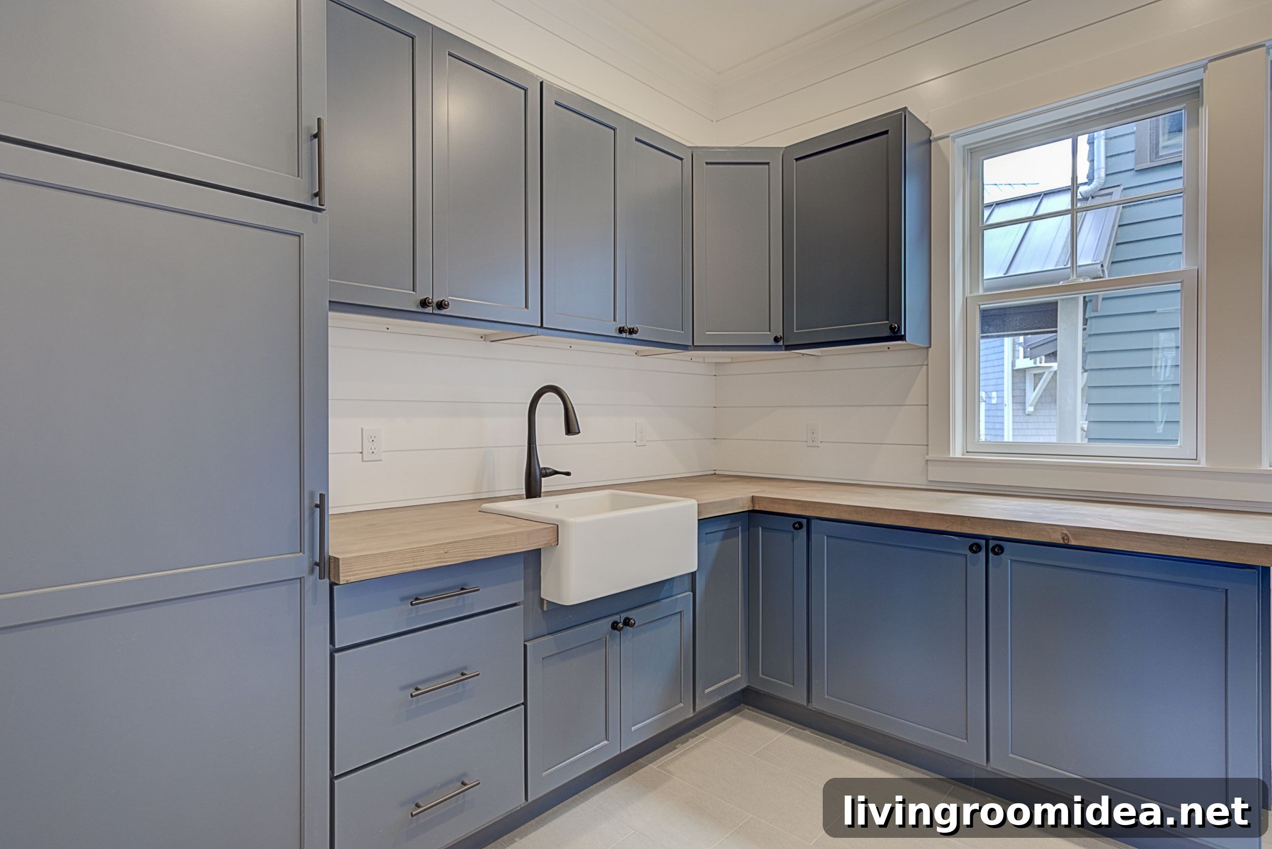 Blue kitchen butcher block counters