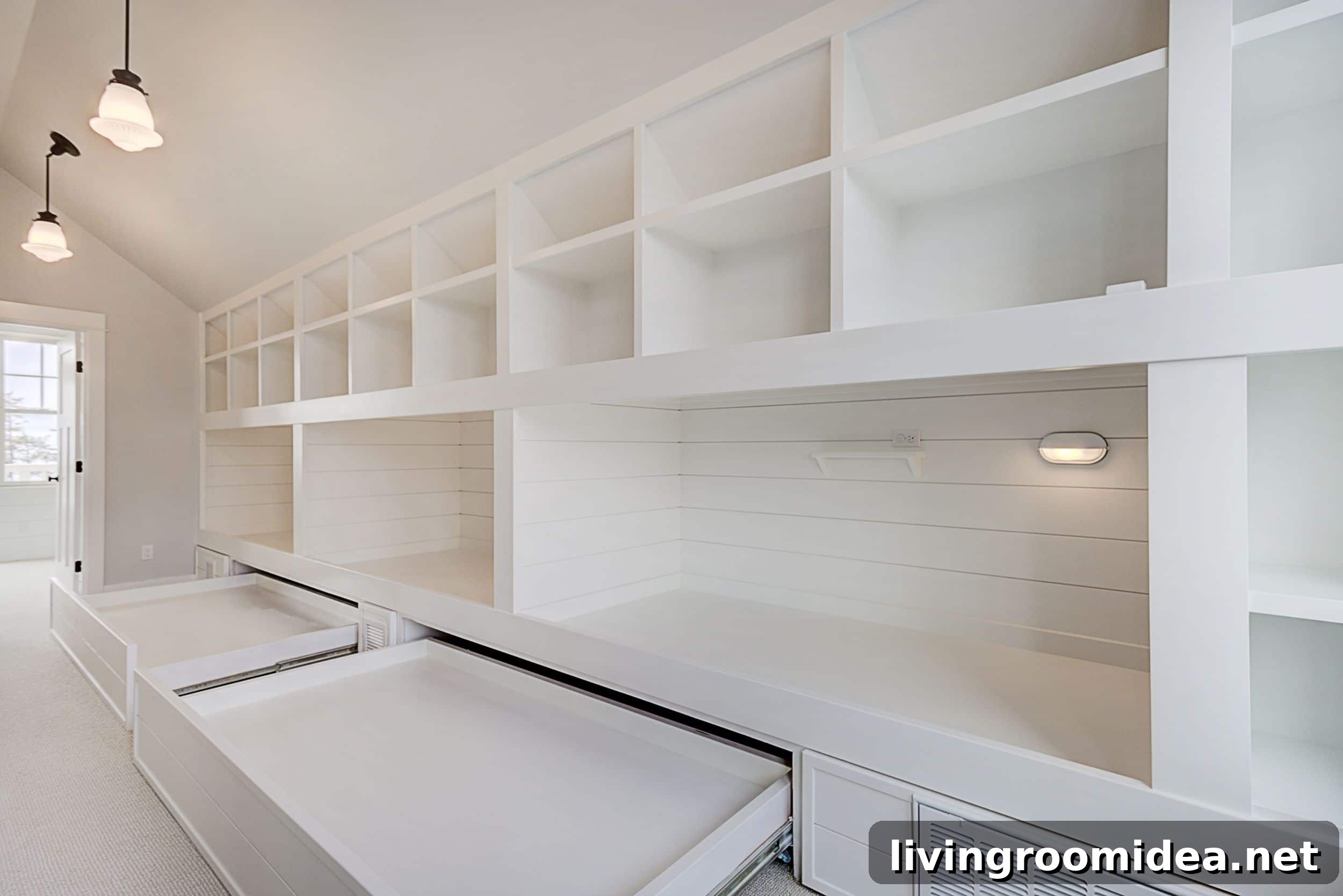 Bunk room with pull out bunks in a family beach house