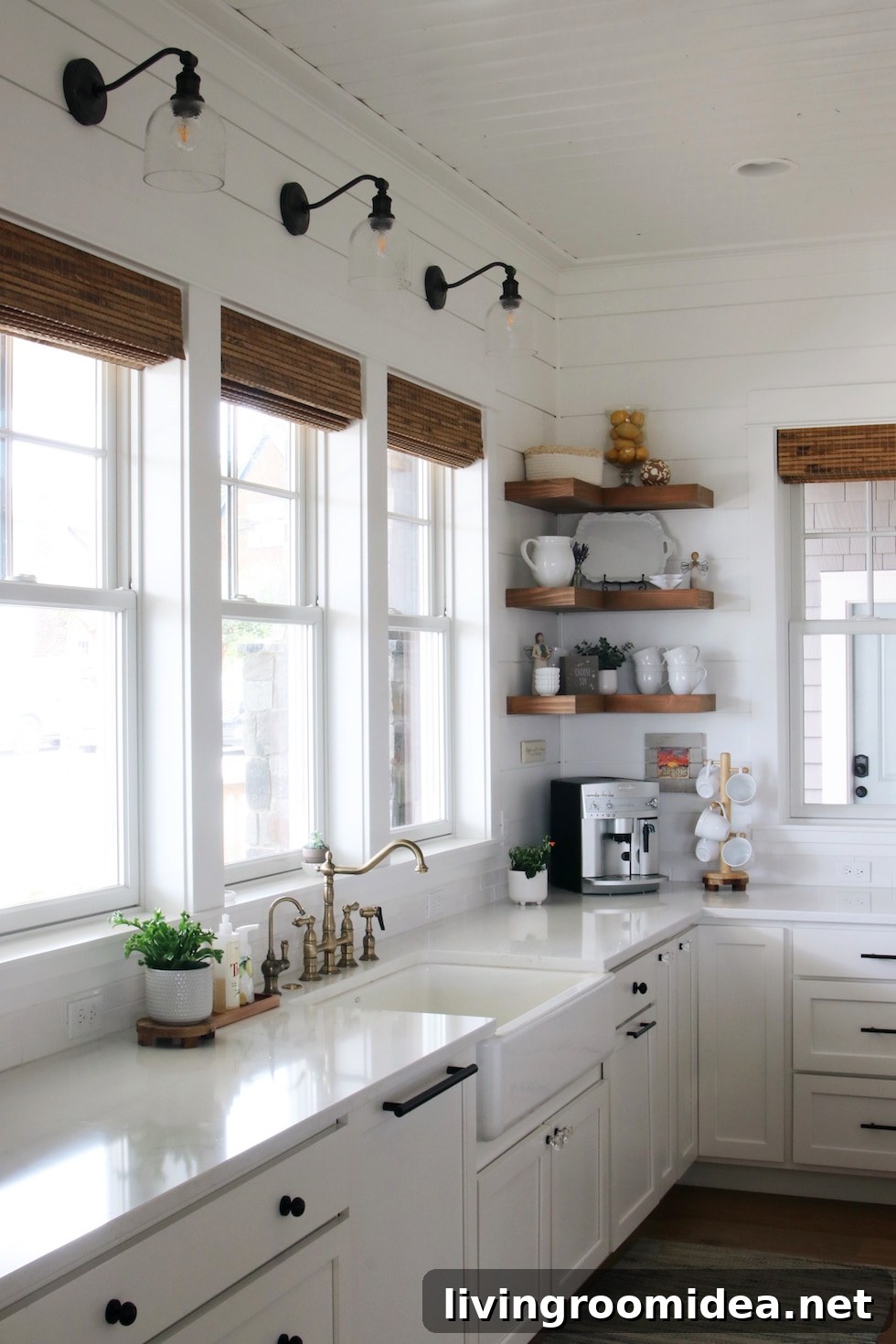 Farmhouse sink white coastal kitchen corner wood shelving