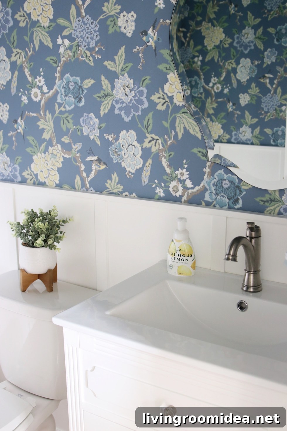 Powder room with wallpaper