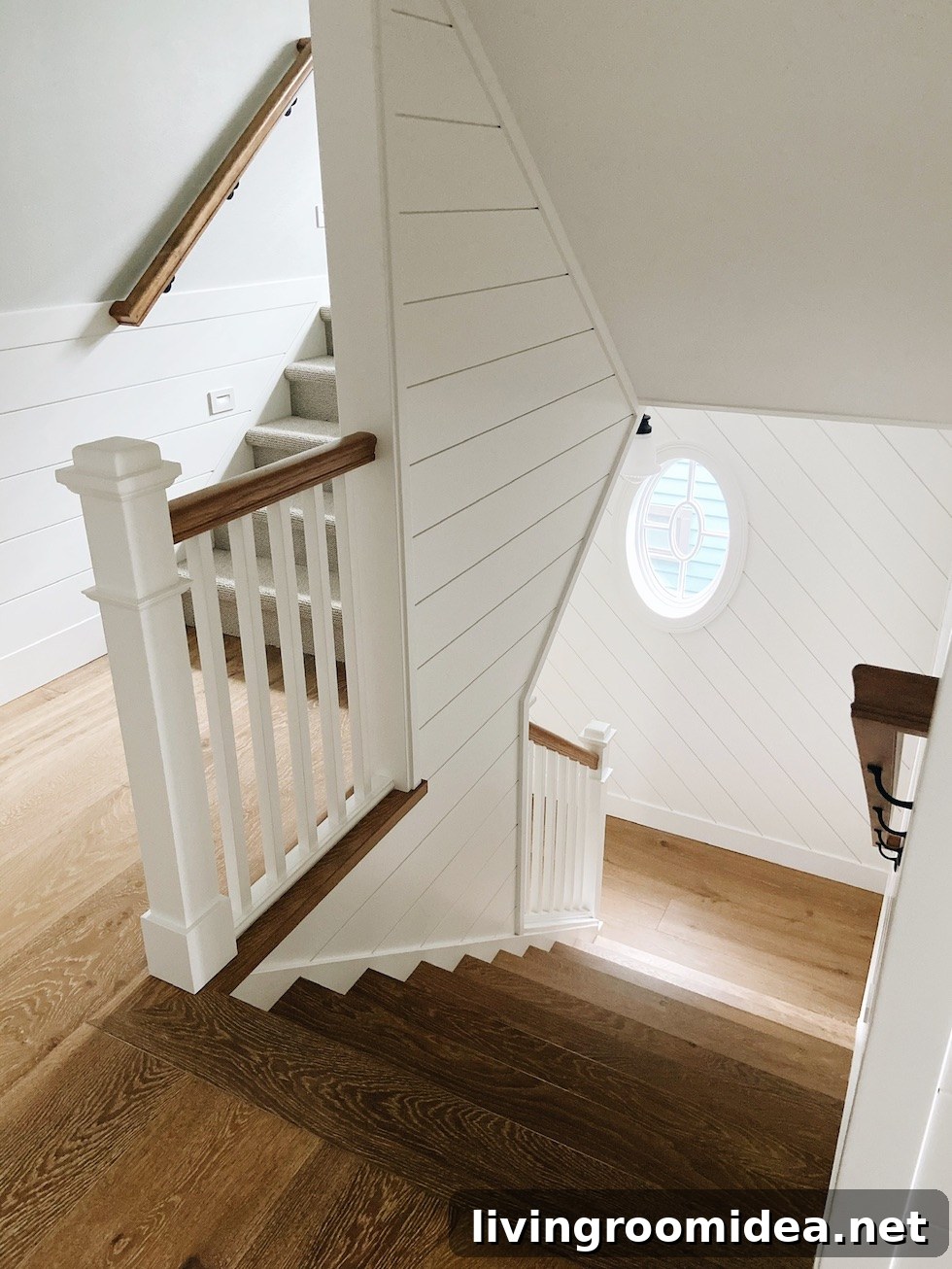 Coastal Dream Home Tour: Upper Levels Walkthrough 23 Staircase diagonal shiplap