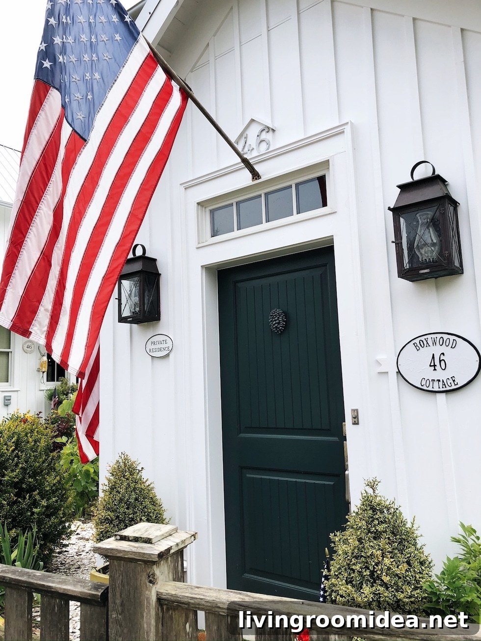 Board and batten beach house with lanterns
