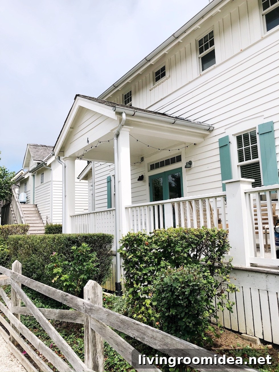 White beach house green shutters