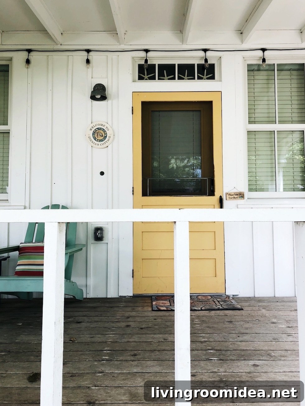 Yellow screen door on beach house