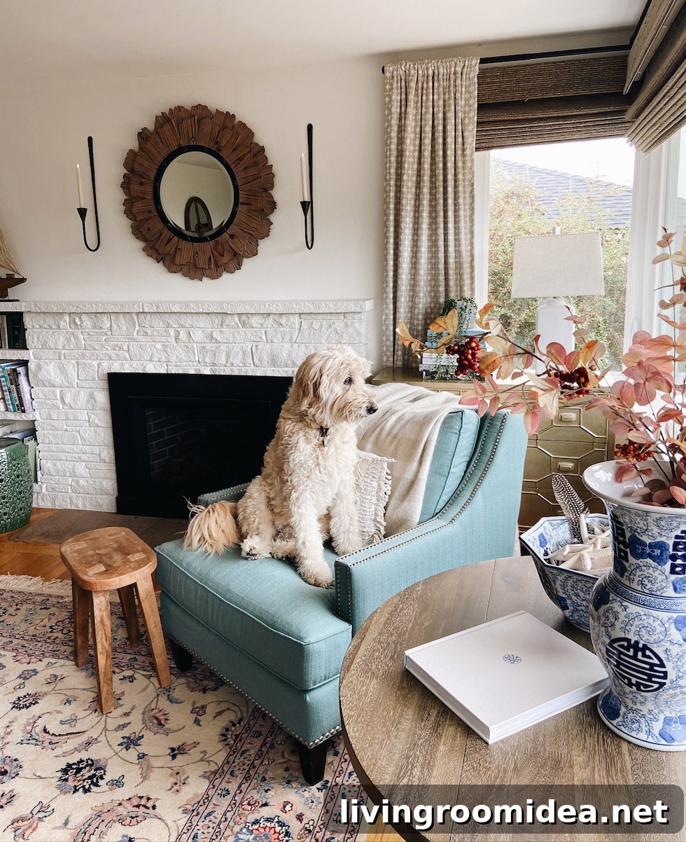 Tips for decorating a living room -- a fall corner, woven blinds, black wall sconces