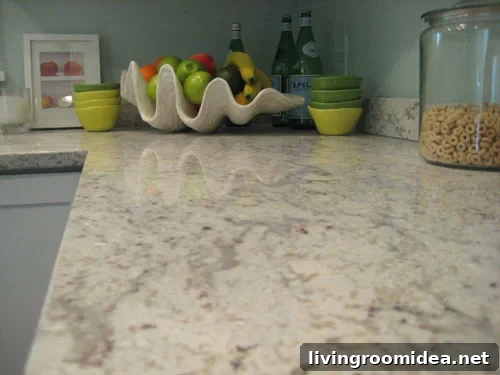 clean kitchen light granite countertop with fruit bowl in background