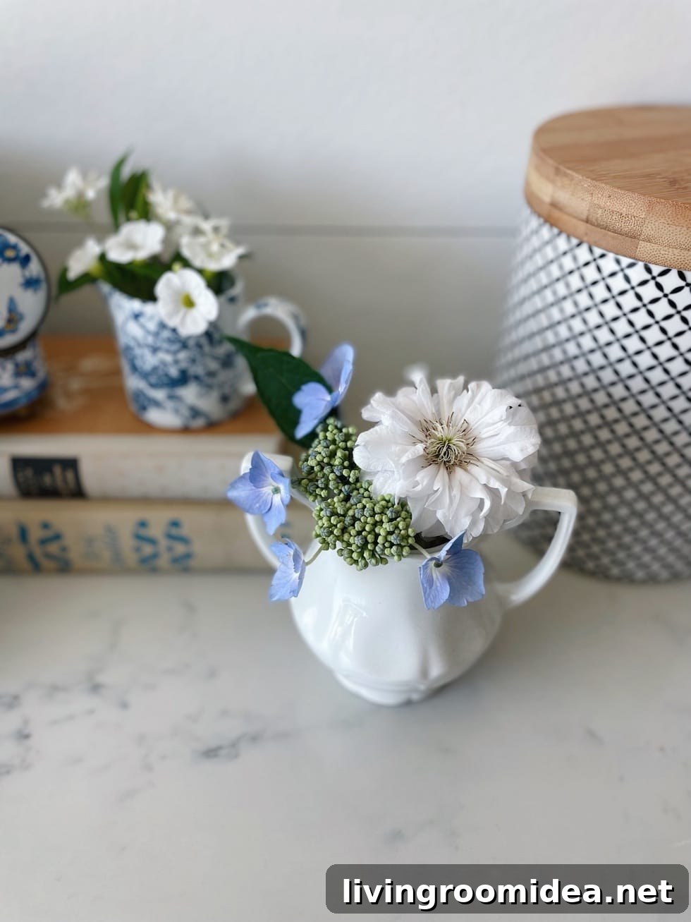 small bouquets in sugar bowls 