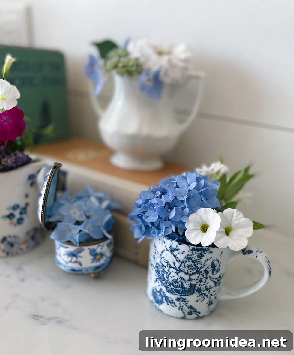 Charming Tiny Bouquets for Small Repurposed Vases 4 small bouquets in small pitchers