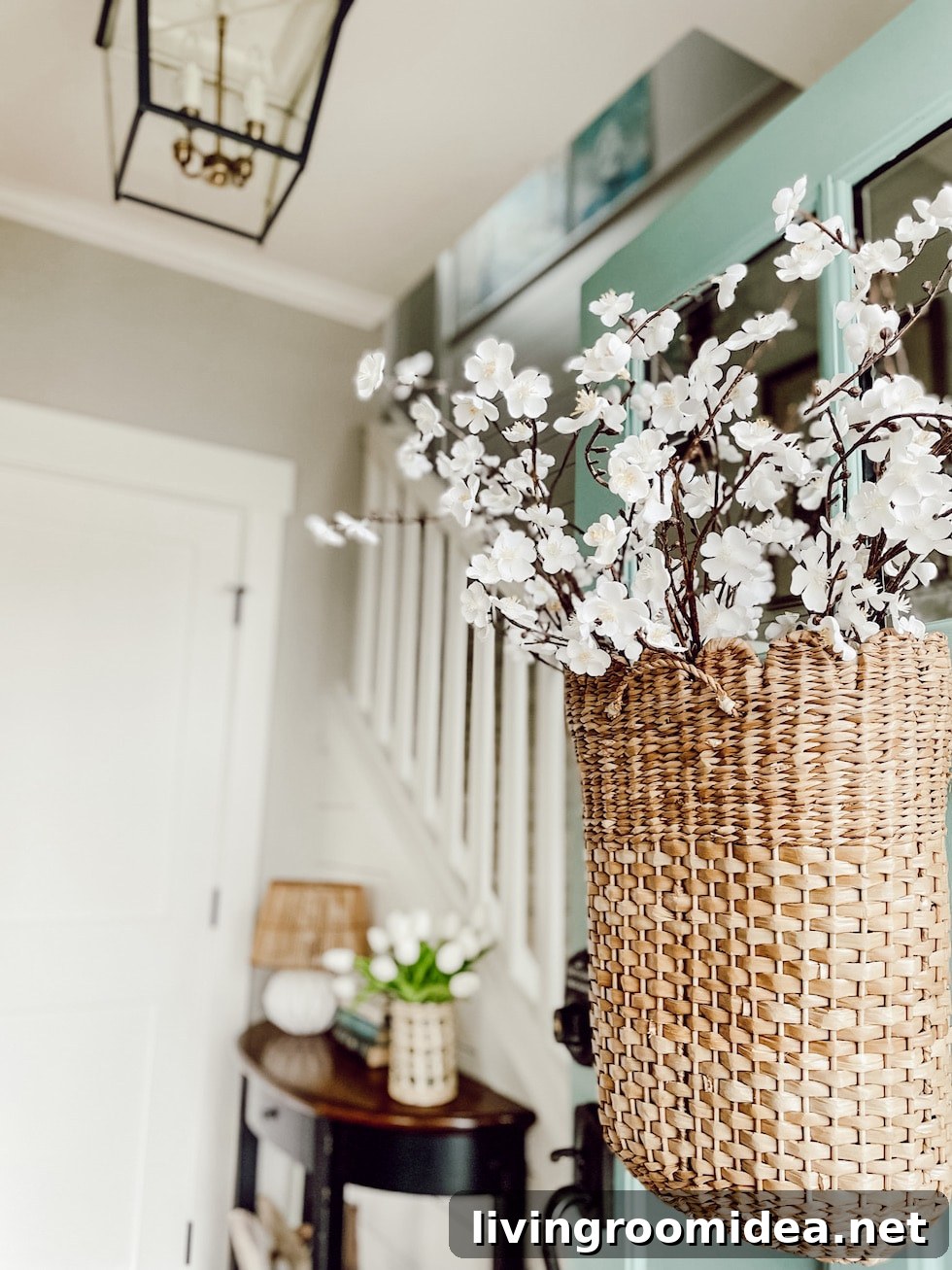 Spring Branch Basket Ideas to Beautify Your Front Door and Entryway 3 Small entry decorated for spring