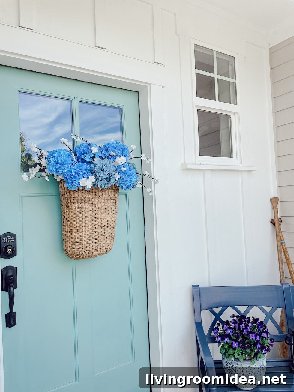 Summer Door Basket with Faux Hydrangeas: Stylish Porch Decor 6 Summer door basket with artificial flowers.