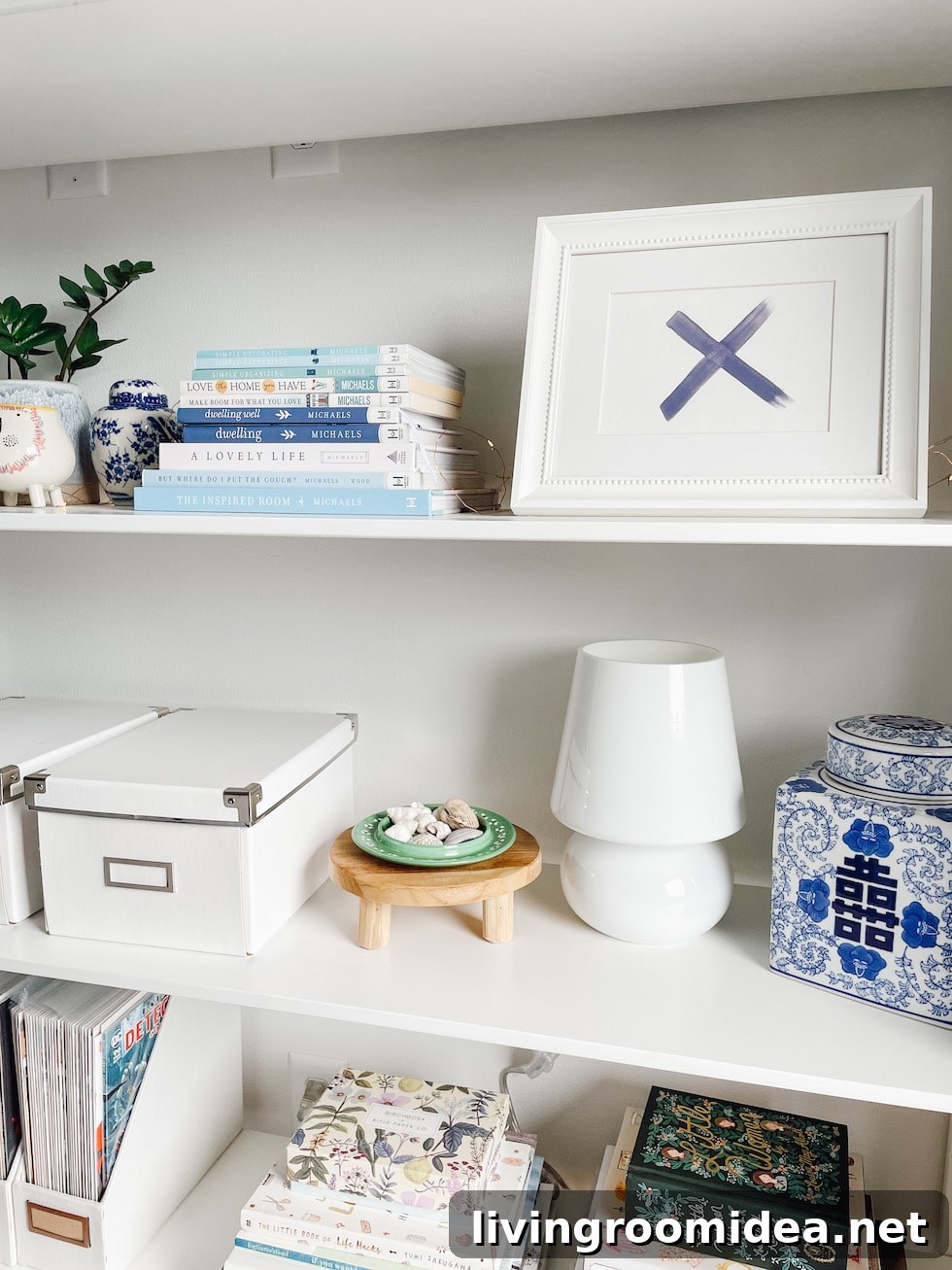 styled bookshelves with a lamp