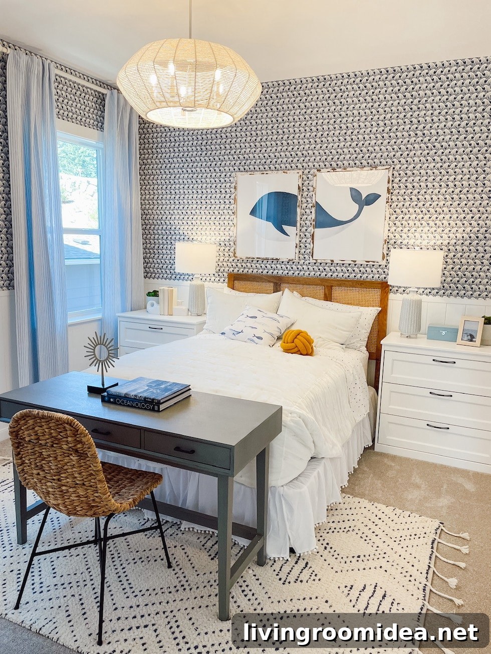 Tour New Homes in Poulsbo, WA — 3 Reasons to Love This Seaside Community 18 Coastal Inspired Room Charming bedroom with wave wallpaper and coastal touches