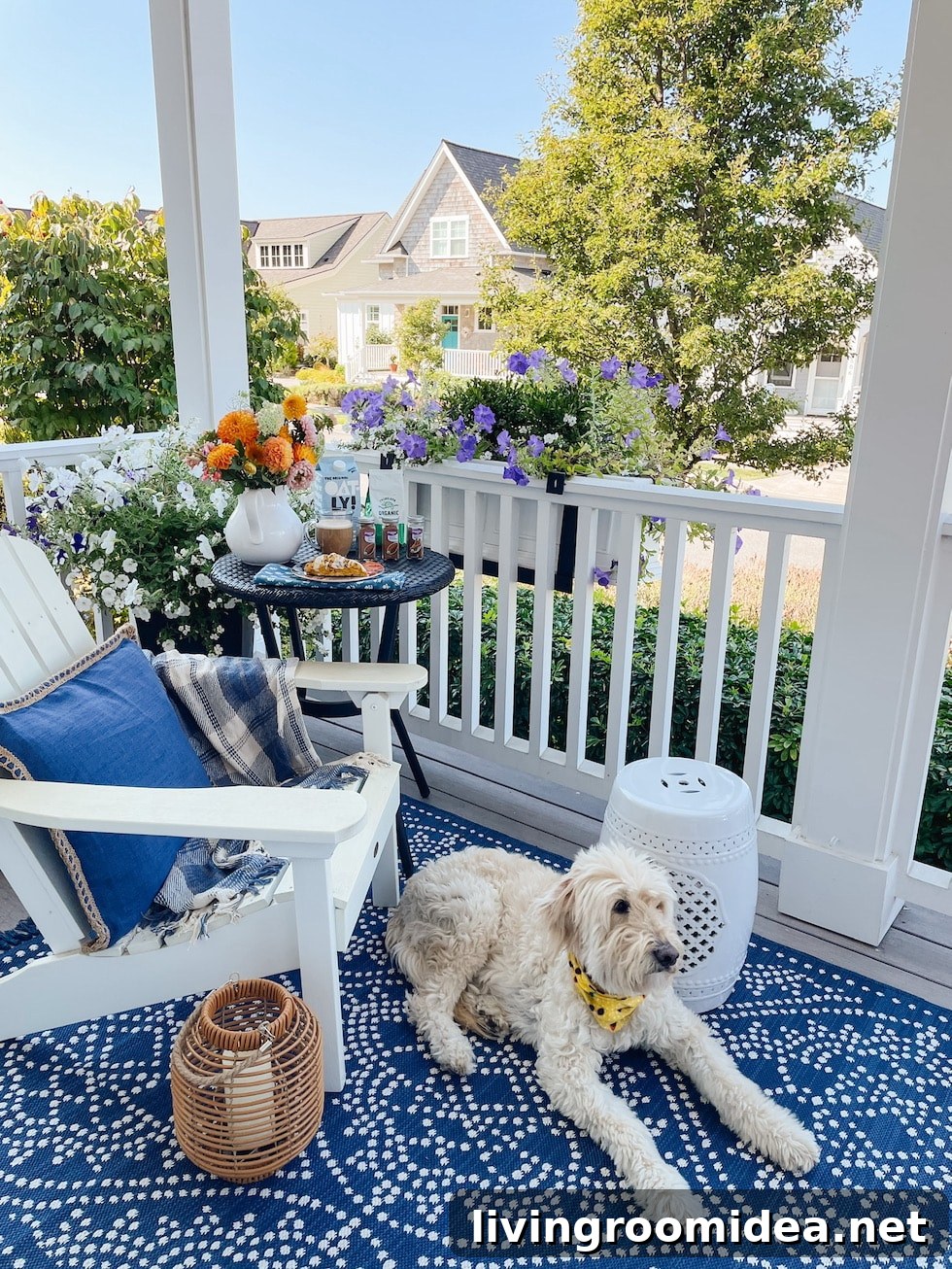 Create a Cozy At-Home Coffee Shop: Fall Recipes, Tips & Savings 6 Cozy fall porch with blue and white patterned rug, plaid blanket and white adirondack chairs