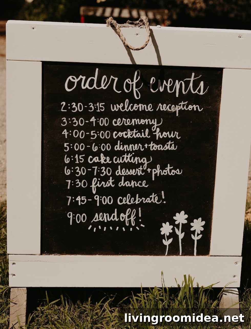 Hand Drawn wedding order of events sign-- tips for a beautiful budget friendly wedding in the post