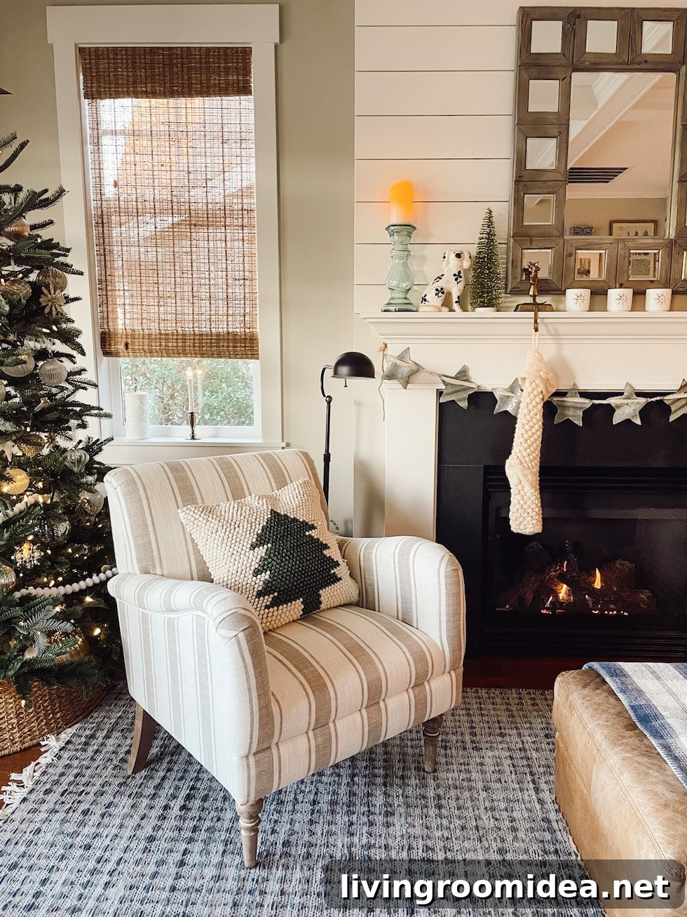 Cozy Christmas living room with a striped armchair