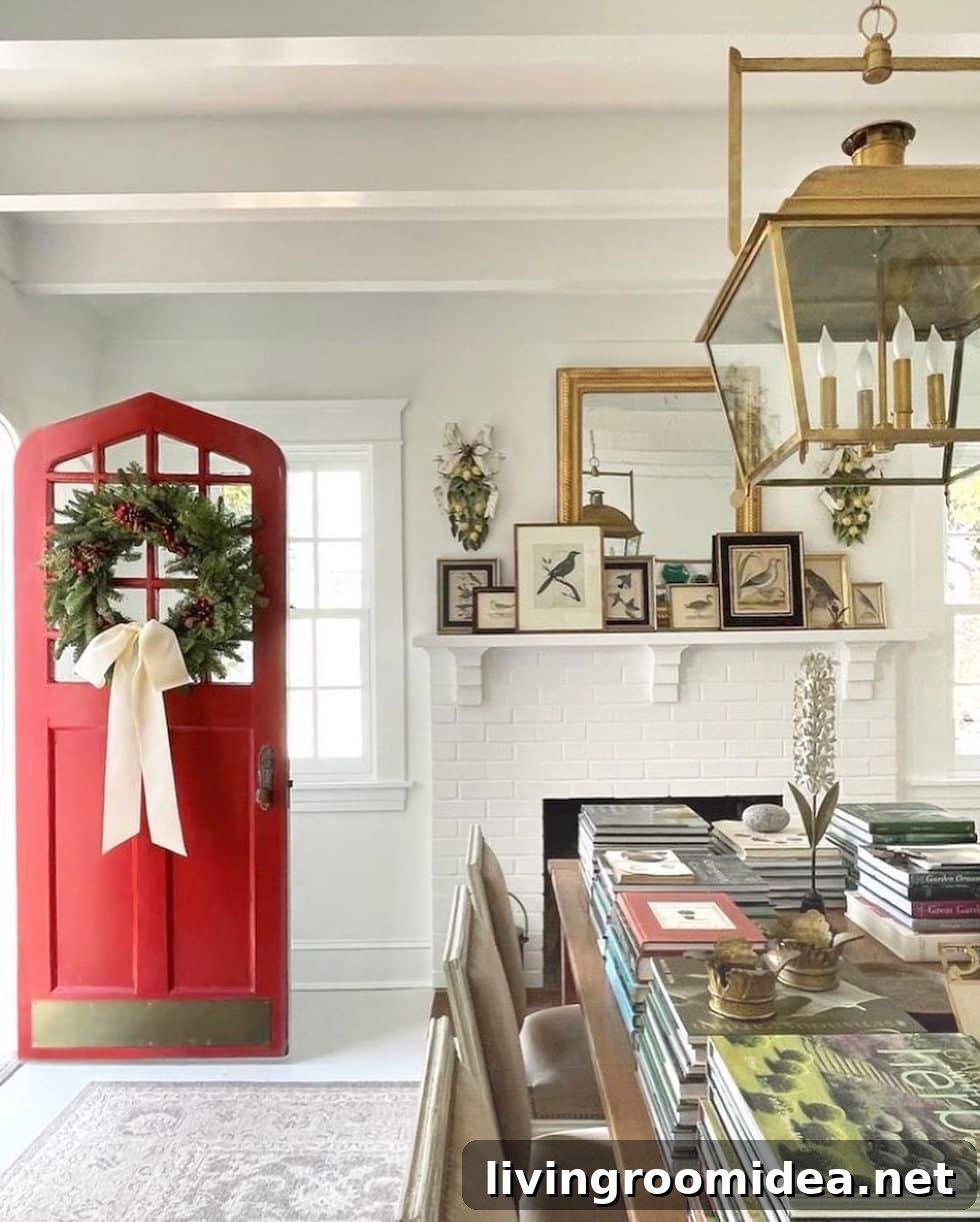 Charming Christmas Homes: Sunday Strolls & Festive Finds 3 Sunday Strolls and Scrolls, featuring Loi's charming Christmas Cottage with a red door, brass lantern, fireplace and dining table filled with books!