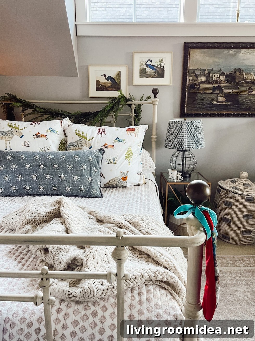 Whimsical winter bed nook in a multi-purpose room. Woodland pillow shams.