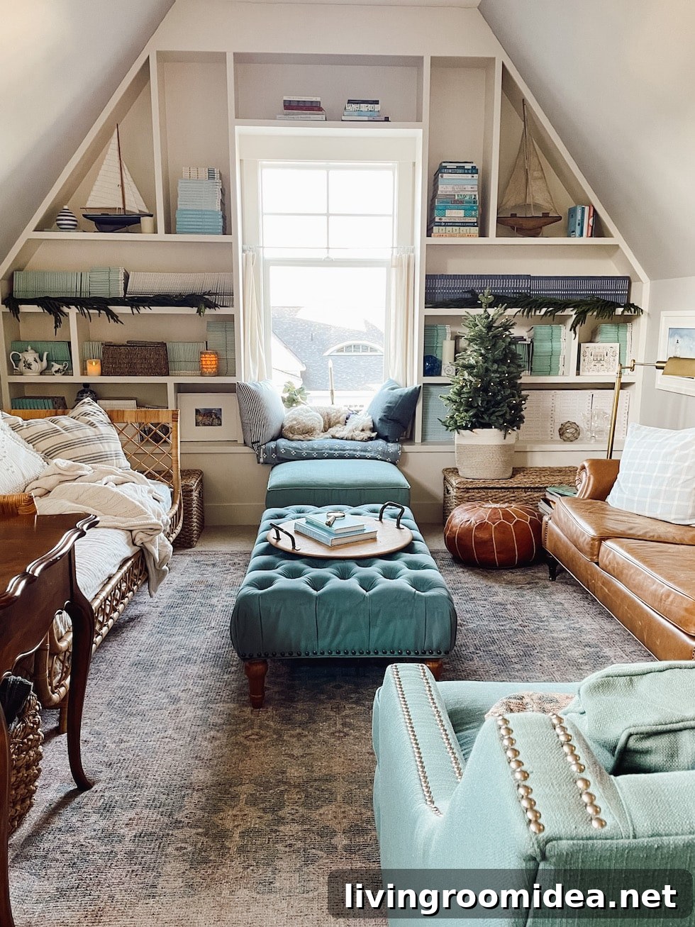 eclectic mix of furniture -- built in bookcases and window seat -- winter in the snug