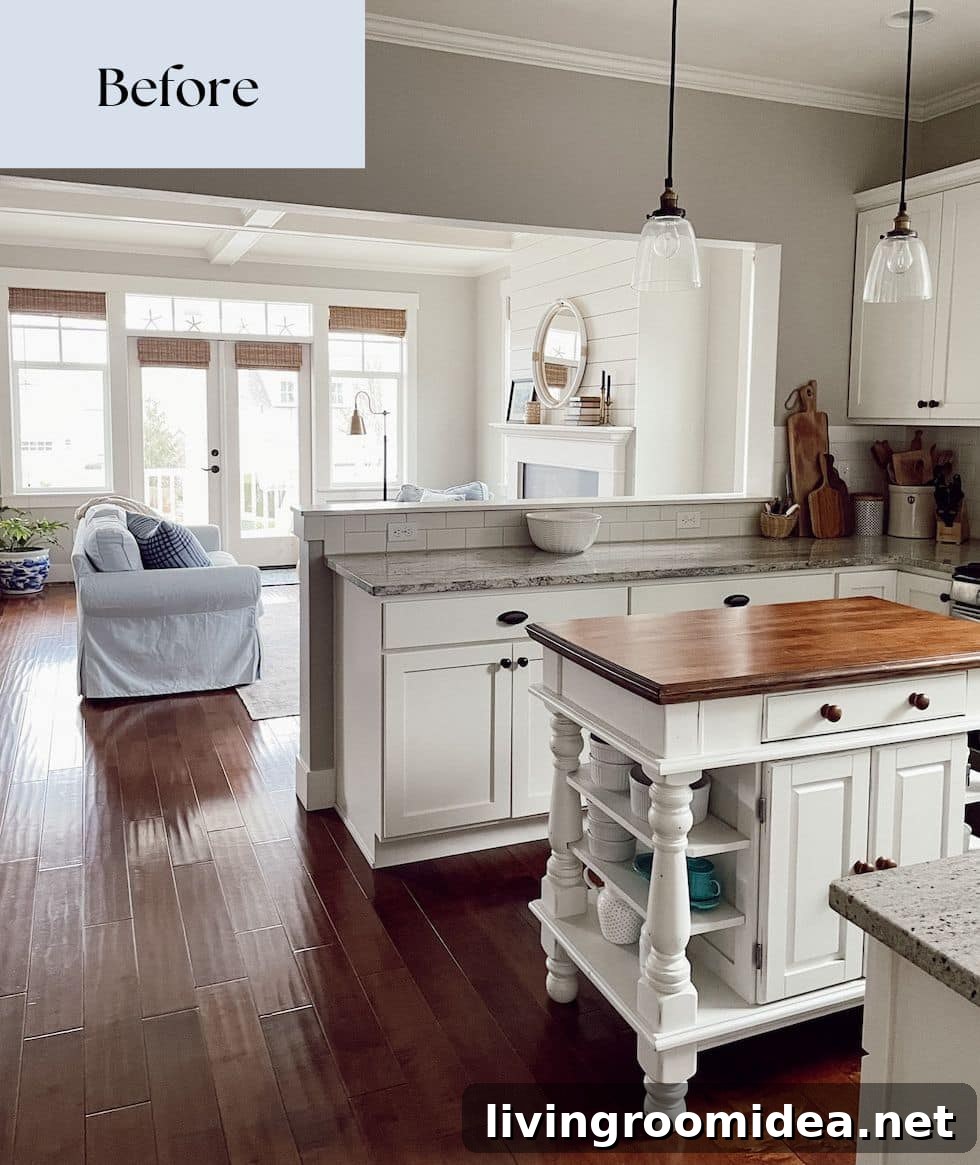 Kitchen floor plan-- how we will remodel our connected open floor plan with kitchen, dining room and living area.