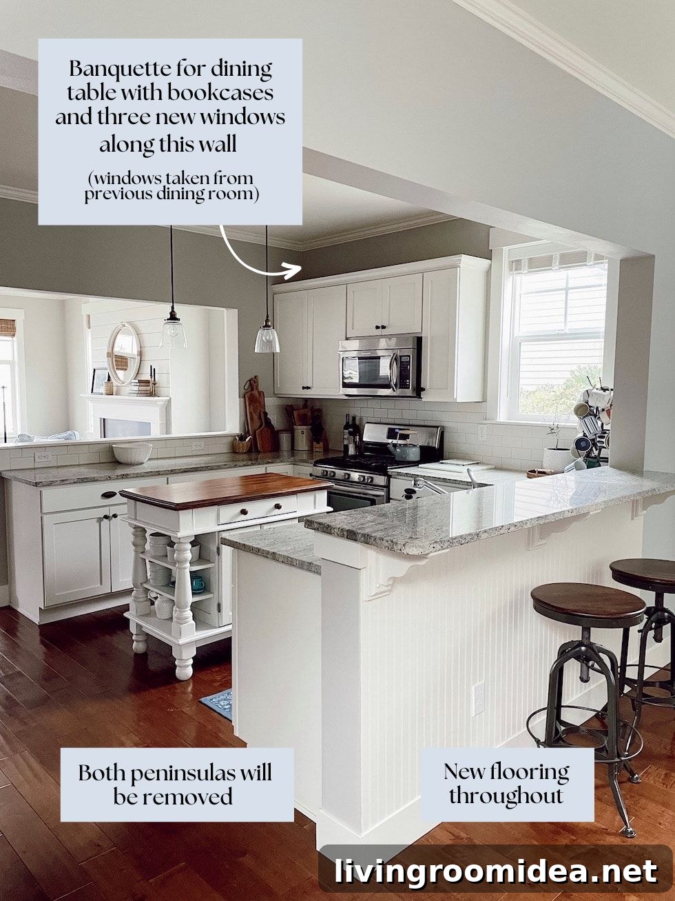 Kitchen will be turned into connected dining area -- how we will use our small open floor plan to maximize storage and usable space