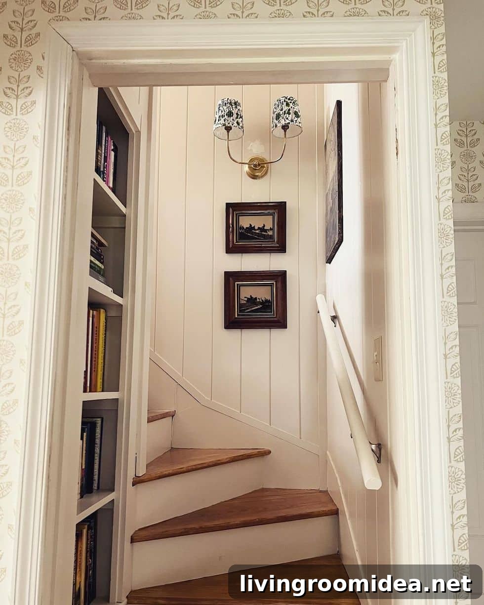 Pleated Patterned Lampshades: Vintage Walks and Textured Scrolls 4 Today's Sunday Strolls and Scrolls features several pleated patterned lampshades in rooms I love, including this charming staircase from Stone Cottage 2250!