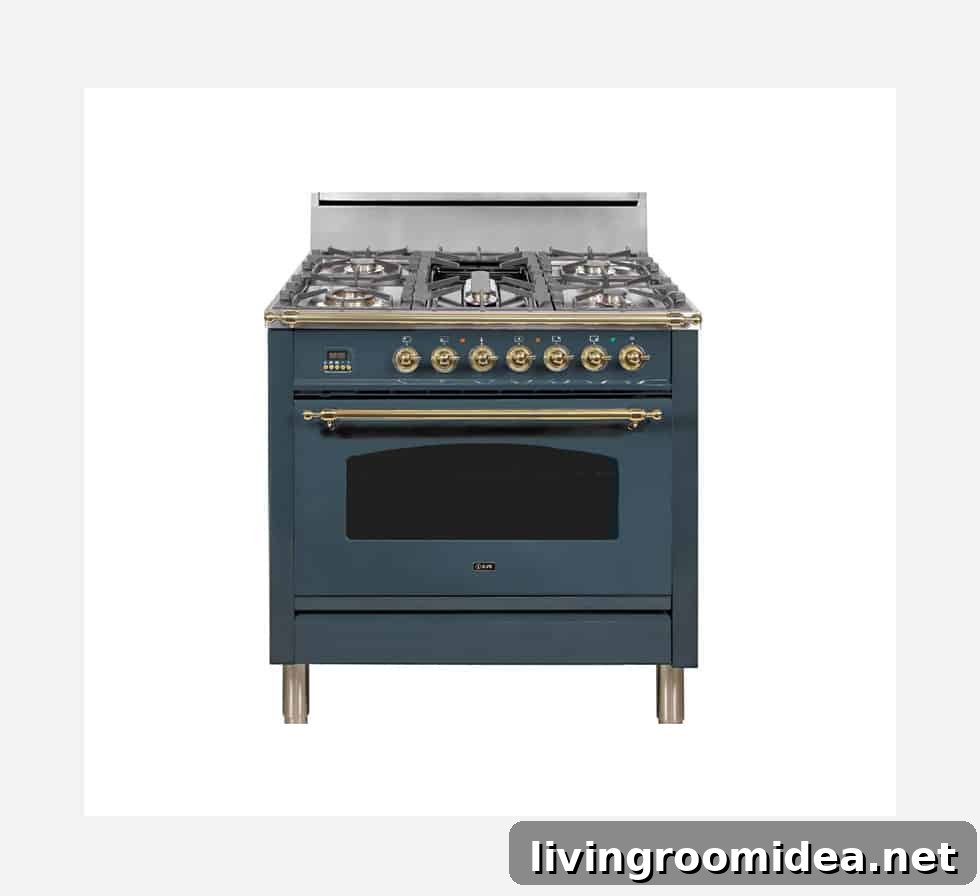 Adding character in a kitchen remodel: ILVE blue gray nostalgie with brass trim