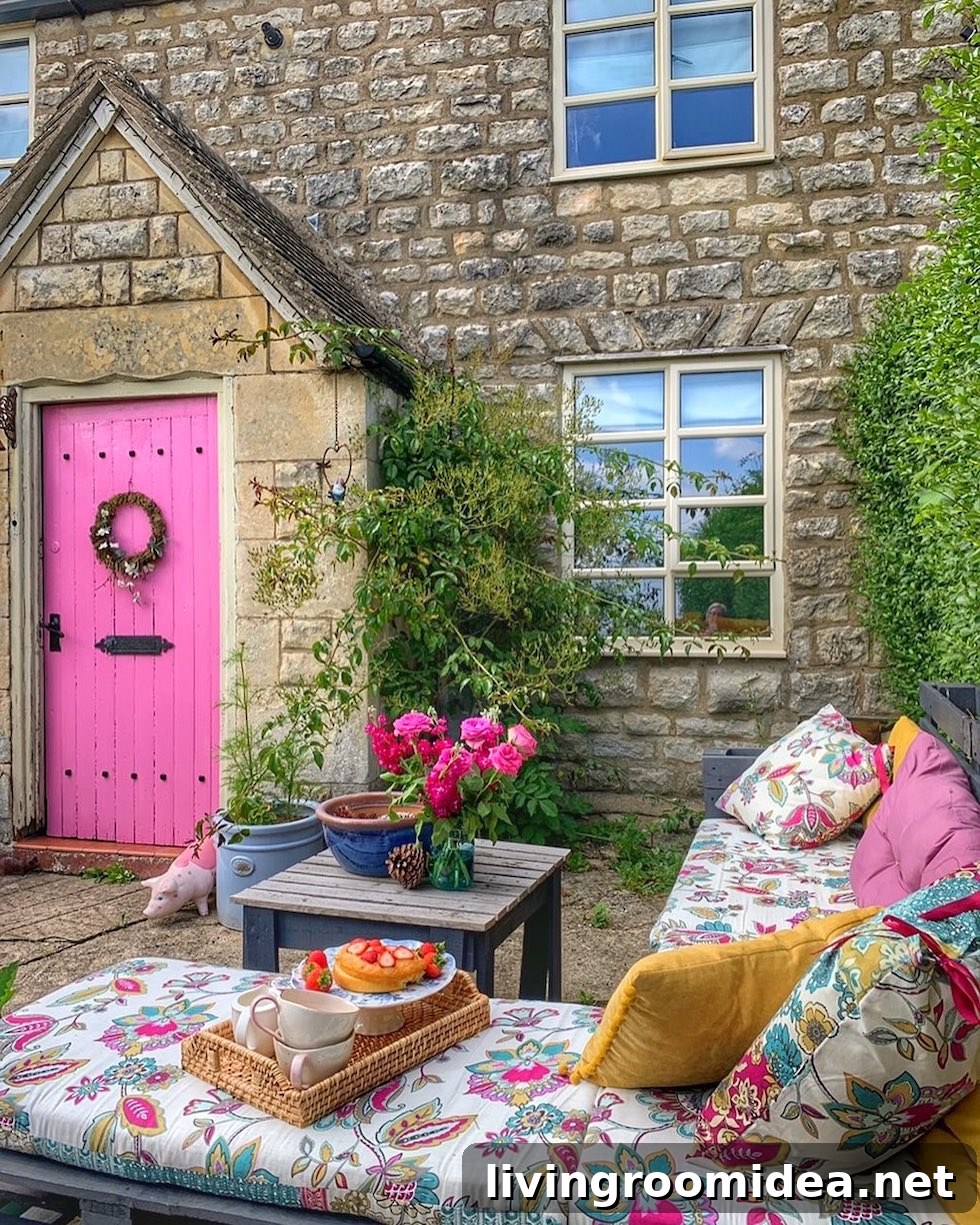 Enjoy today's pop of pink strolls & scrolls inspiration, this front door and courtyard is so pretty with bright pink!
