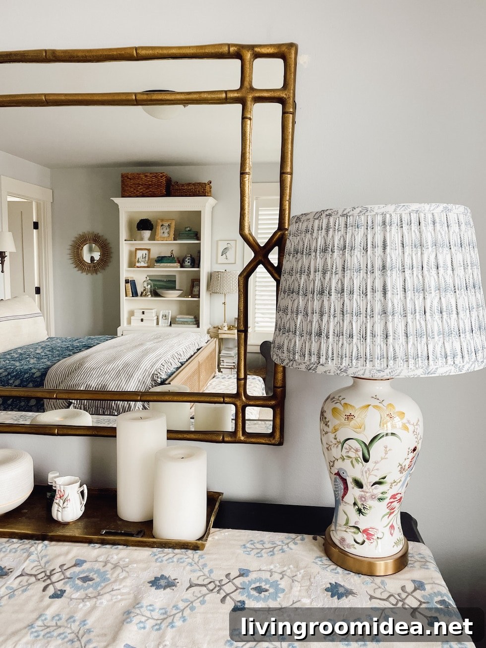 cottage bedroom moodboard -- a pretty pairing of a patterned lampshade and bird lamp