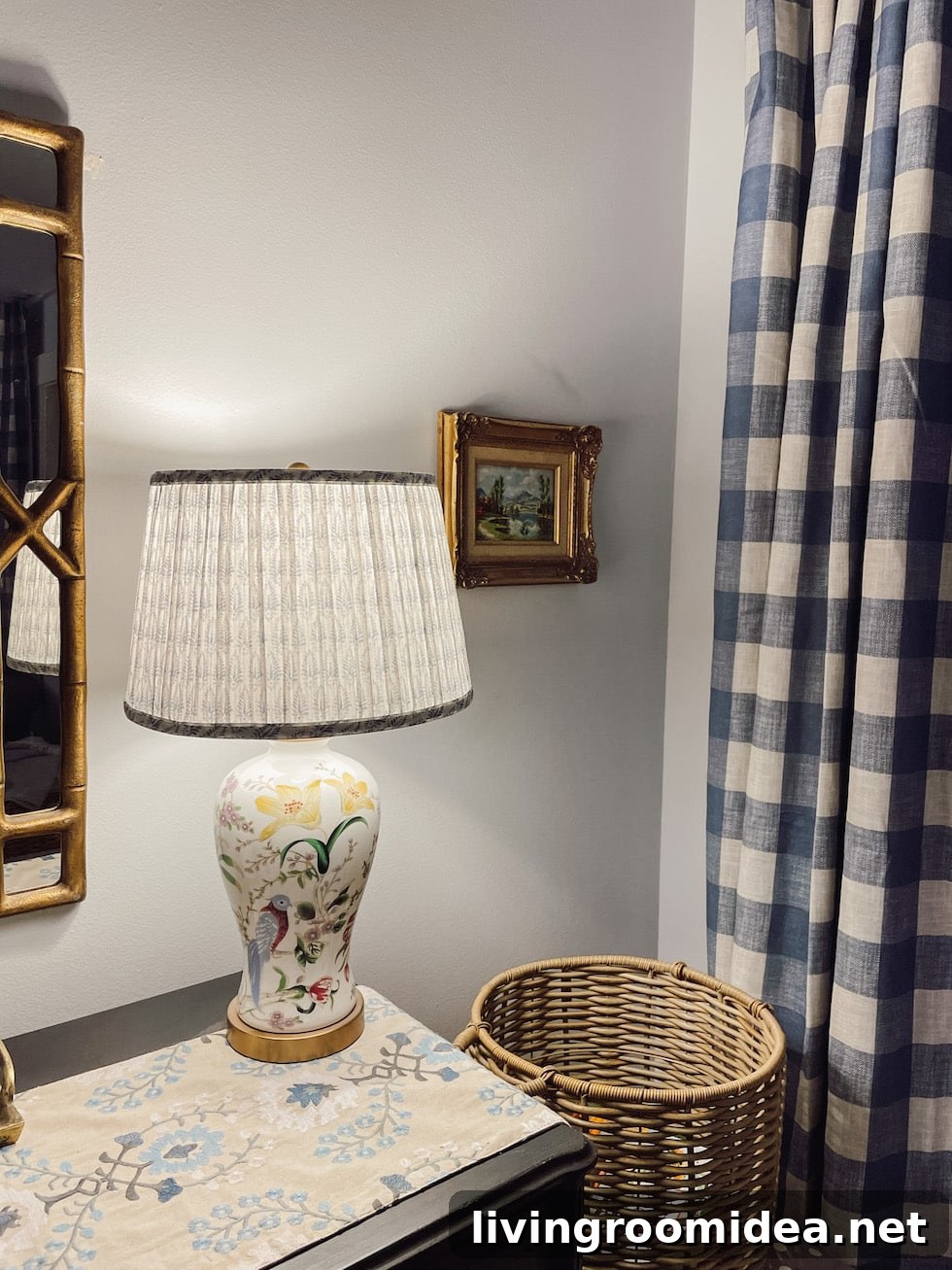 Cozy Cottage Bedroom Mood Board: Charming Rustic Design Ideas 4 Cozy bedroom corner with soft blue walls, blue checked curtains.