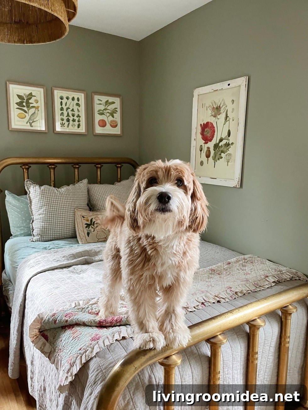 Home office guest room makeover with green walls and botanical art