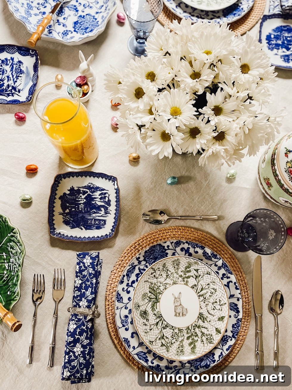 Blue and white dishes and a bunny salad plate