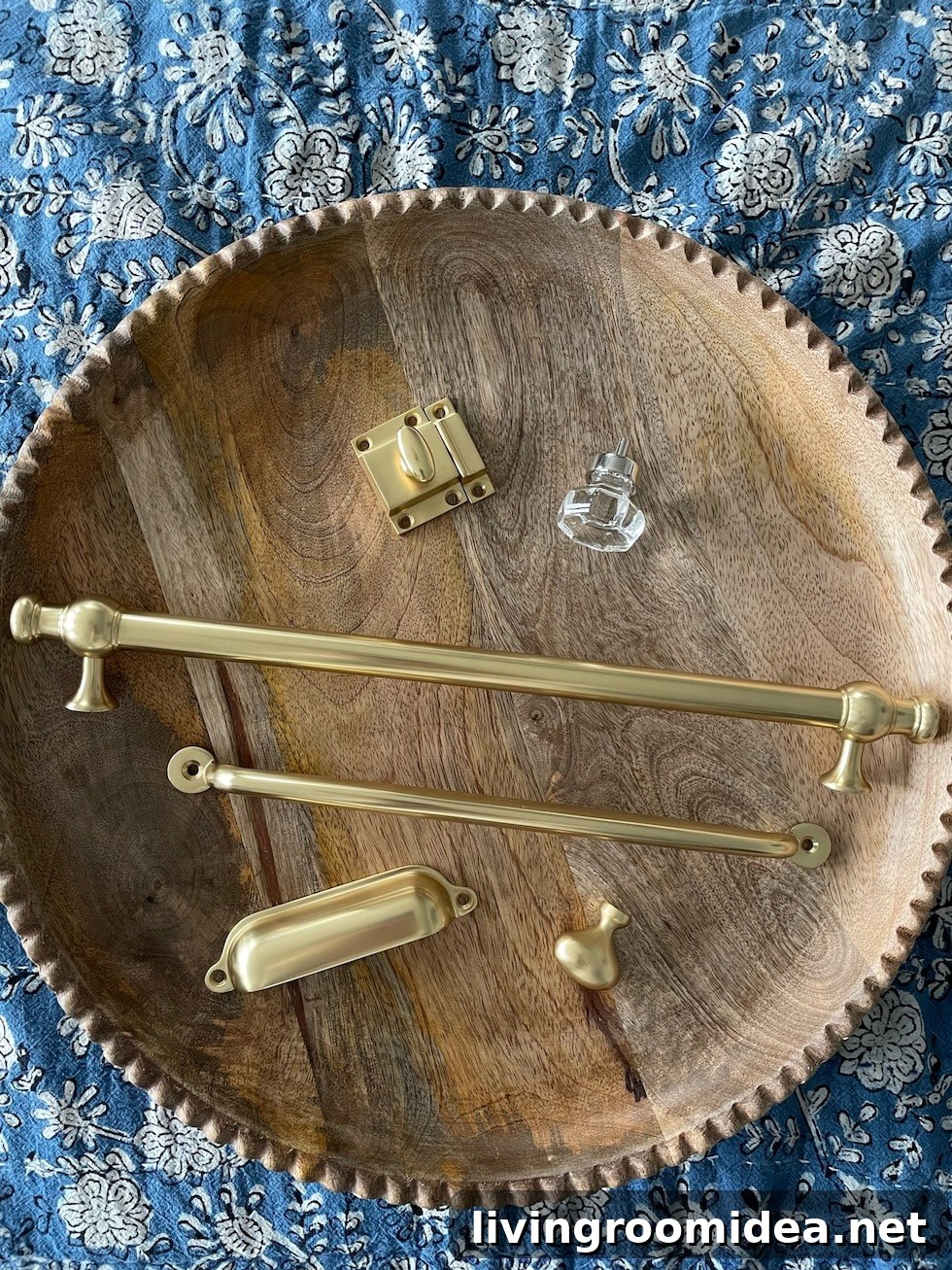 classic antique brass finish hardware, bin pulls, latches and glass knobs.