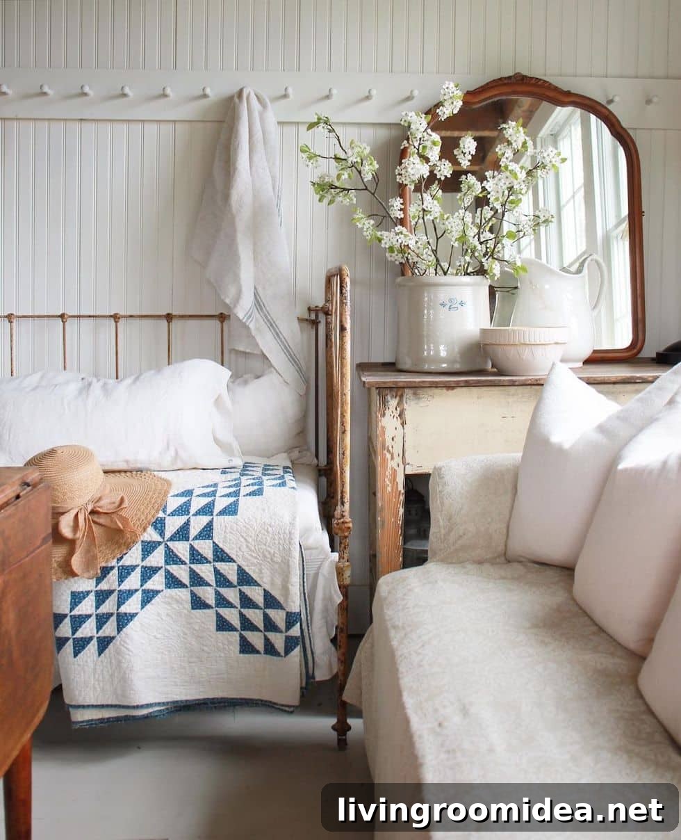 Beadboard and pegboard in a bedroom- find inspiration from these lovely rooms with beadboard walls in today's Strolls + Scrolls post!