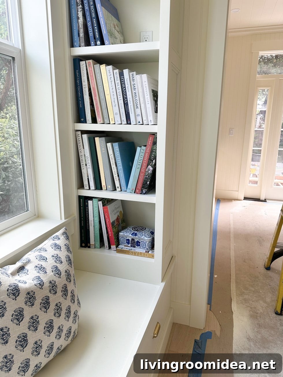 Beach House Kitchen Remodel Progress and Tiny Cottage Tour 2 Built in bookcases and dining bench